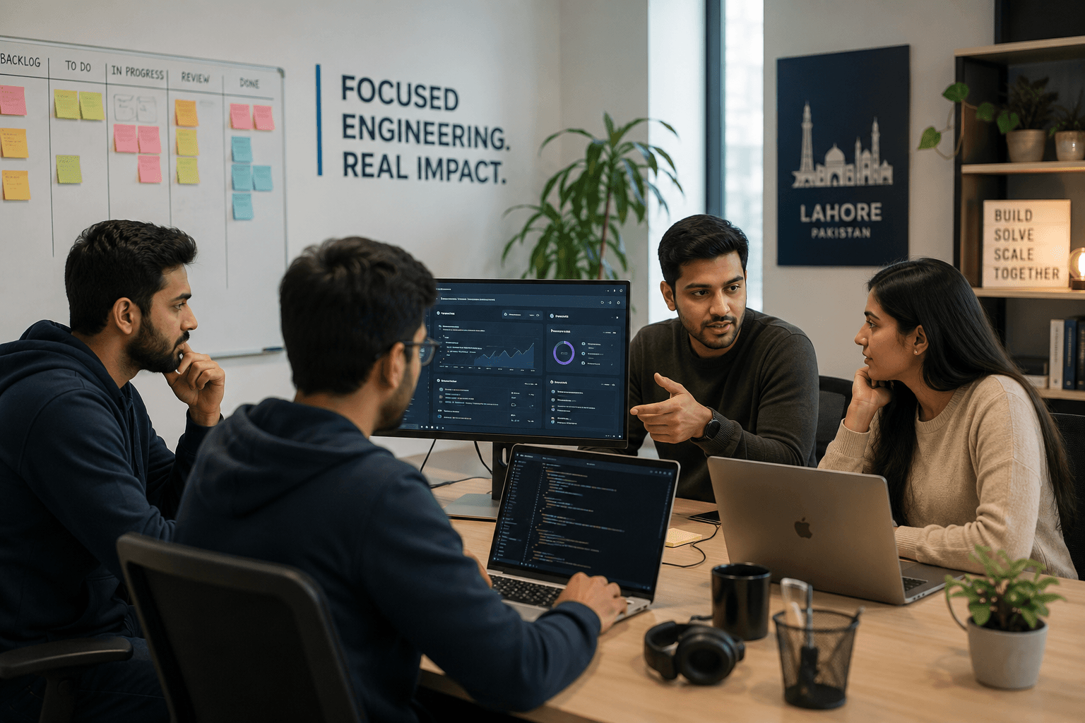 Team collaborating in a modern office